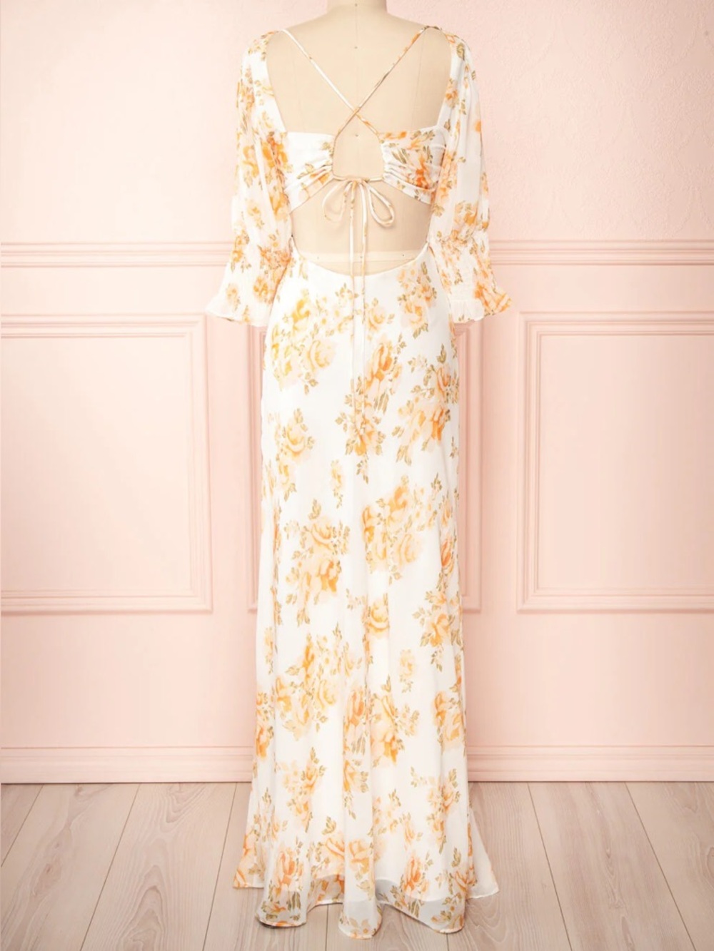 Yellow Maxi Floral Puffed Sleeves Cutout Open Back Cottagecore - Picture 5 of 6